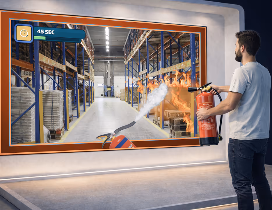 Man in casual clothes practicing fire extinguisher use on a virtual warehouse fire simulation.