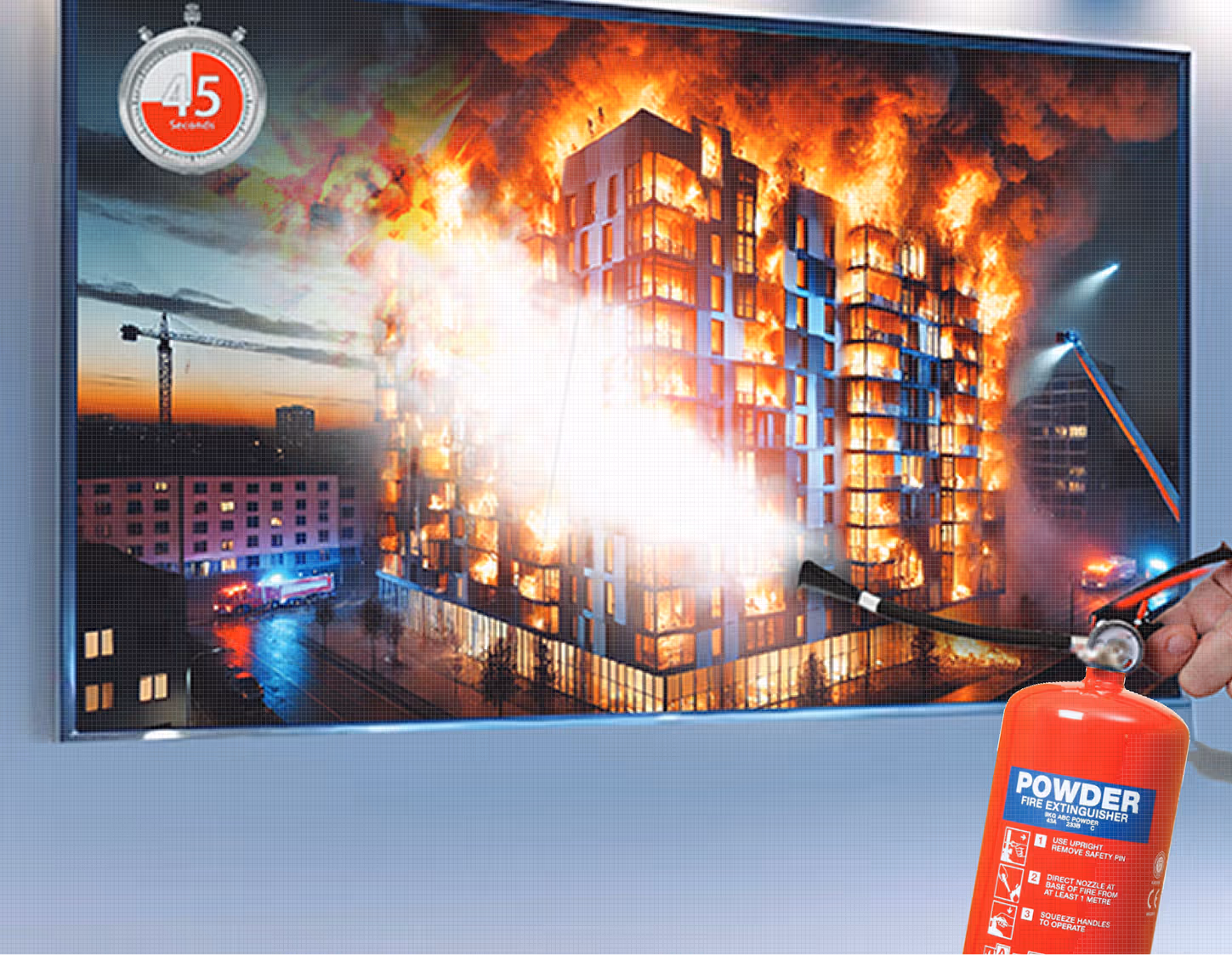 A person using a powder fire extinguisher to put out flames on a burning multi-storey building displayed on a screen, with a timer showing 45 seconds.