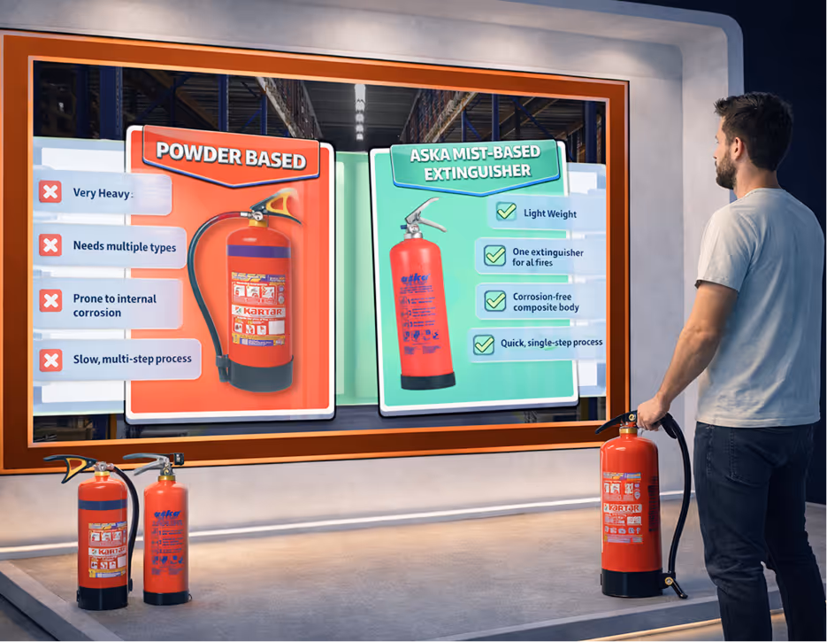 A man holds a powder-based fire extinguisher while comparing it to an Aska mist-based extinguisher on a large screen highlighting pros and cons of each type.
