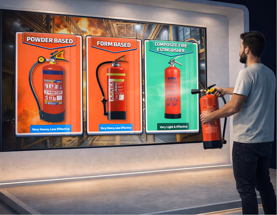 Man holding a fire extinguisher standing in front of a display comparing three types: powder based, form based, and composite fire extinguisher, highlighting their weight and effectiveness.