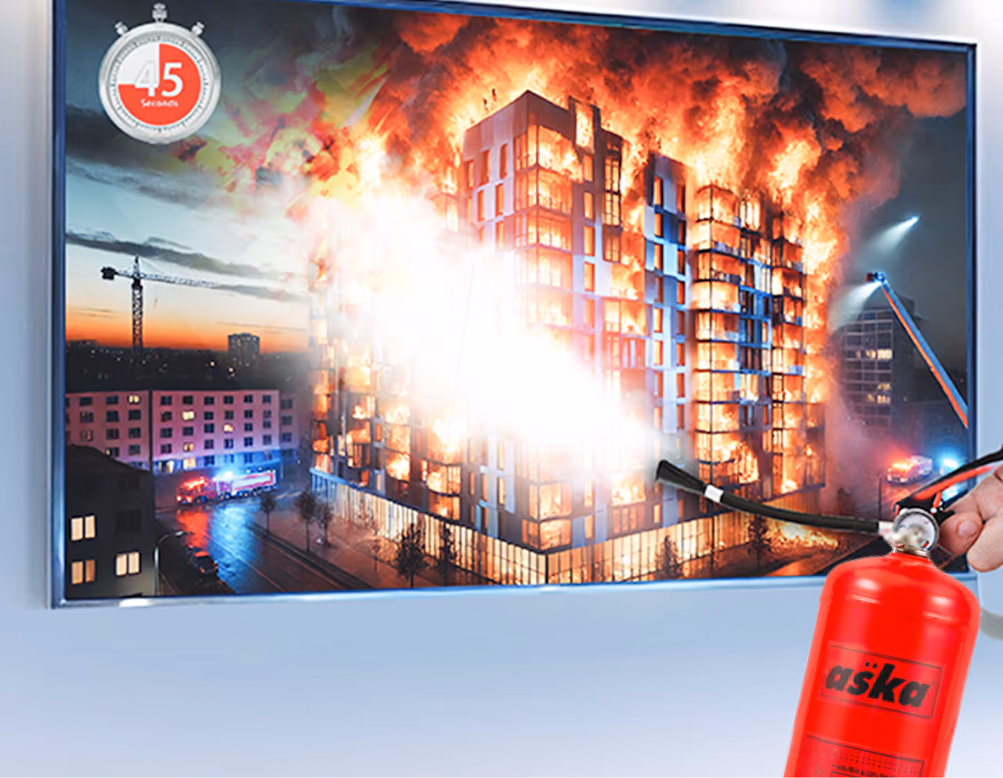 Fire extinguisher spraying at a large building engulfed in flames with fire trucks and emergency lights around.