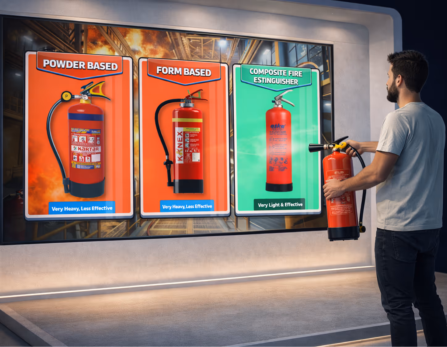 Man holding a fire extinguisher standing next to a display comparing powder-based, foam-based, and composite fire extinguishers with effectiveness and weight descriptions.