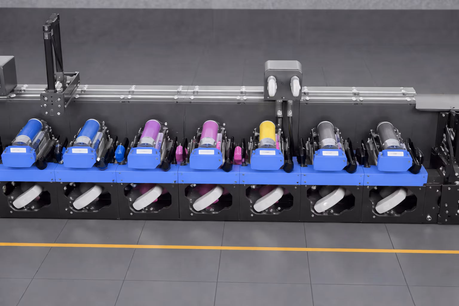 Visitor using interactive 3D machine configurator at exhibition