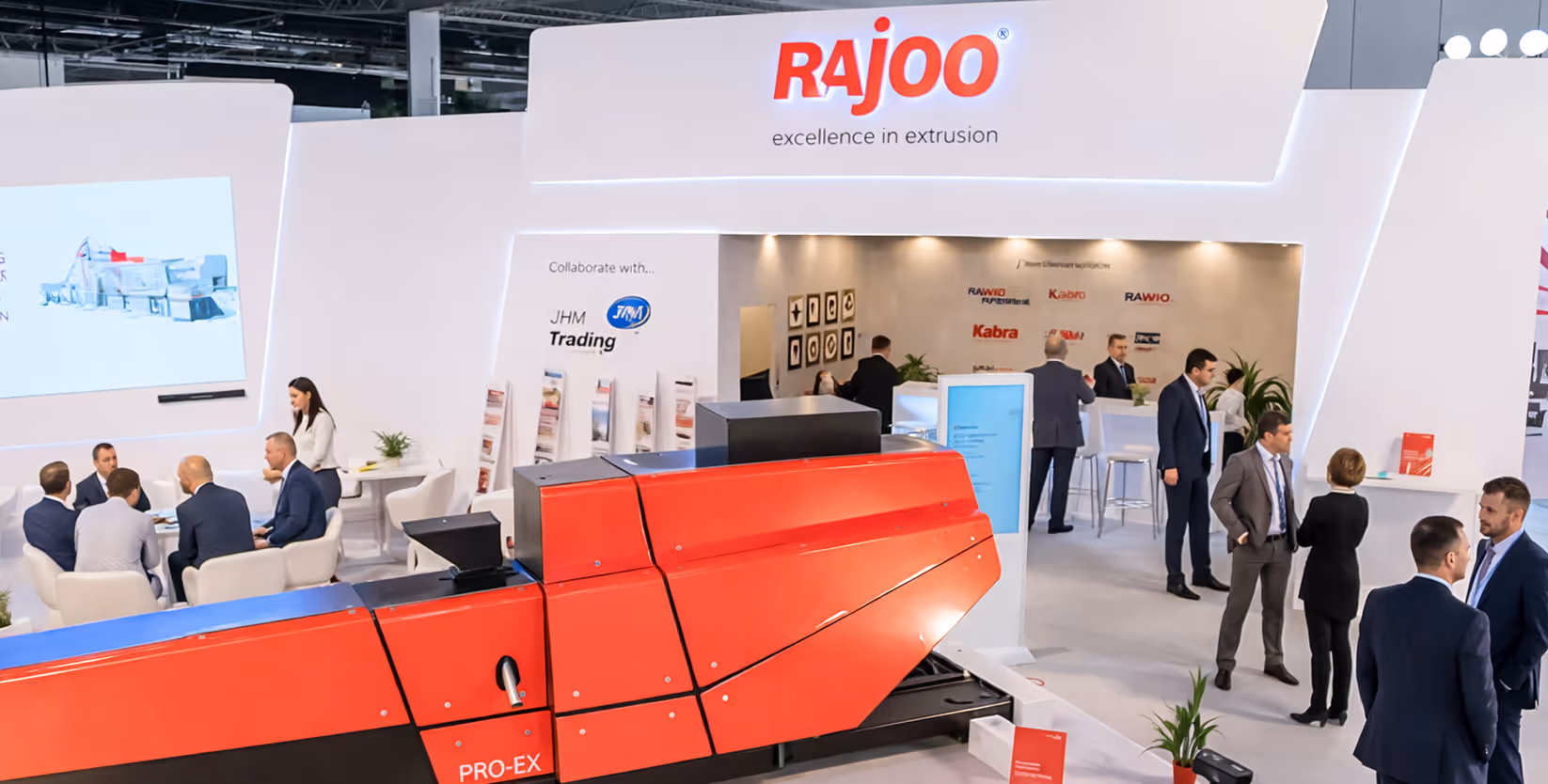 Man in suit interacting with a smart mirror displaying a virtual assistant with options in a modern indoor setting.