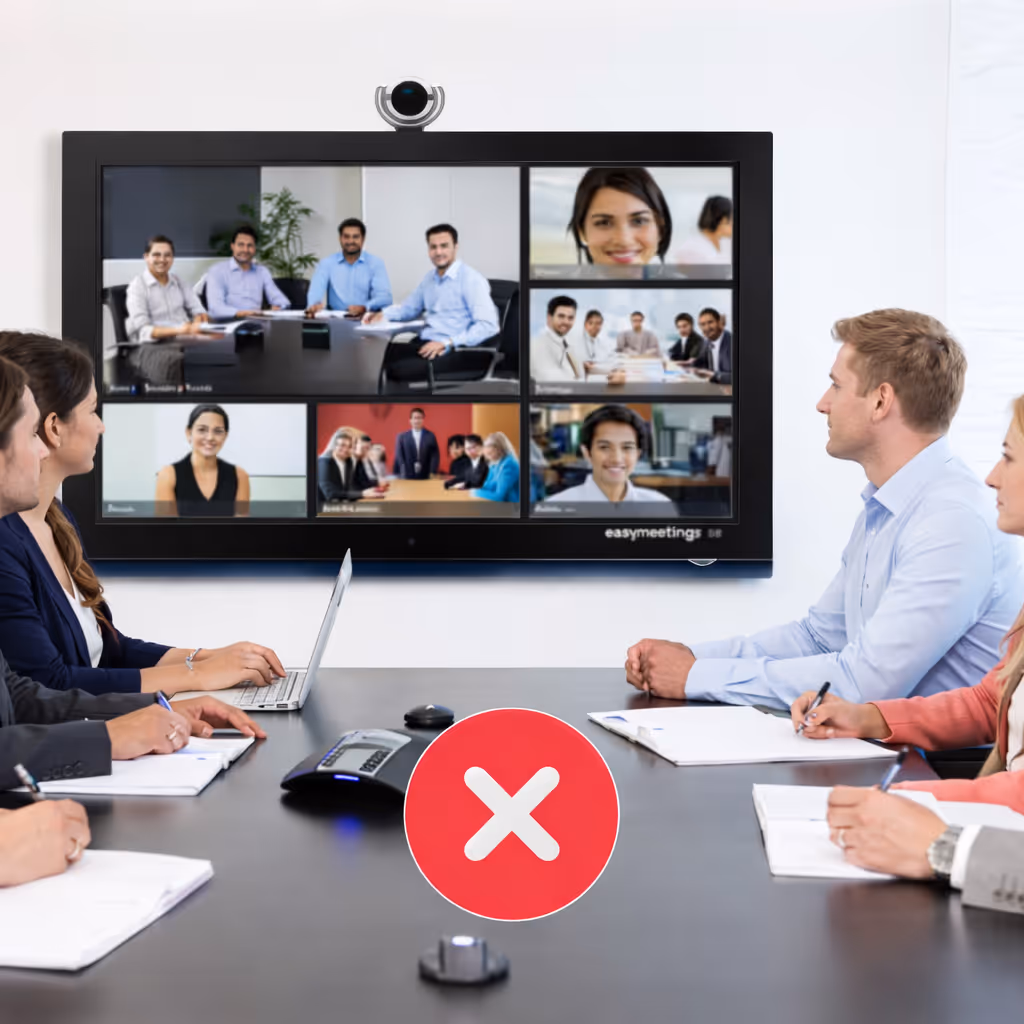 Group of people in a meeting room watching a video conference on a large screen divided into multiple participants, with a red cross icon over the conference phone.