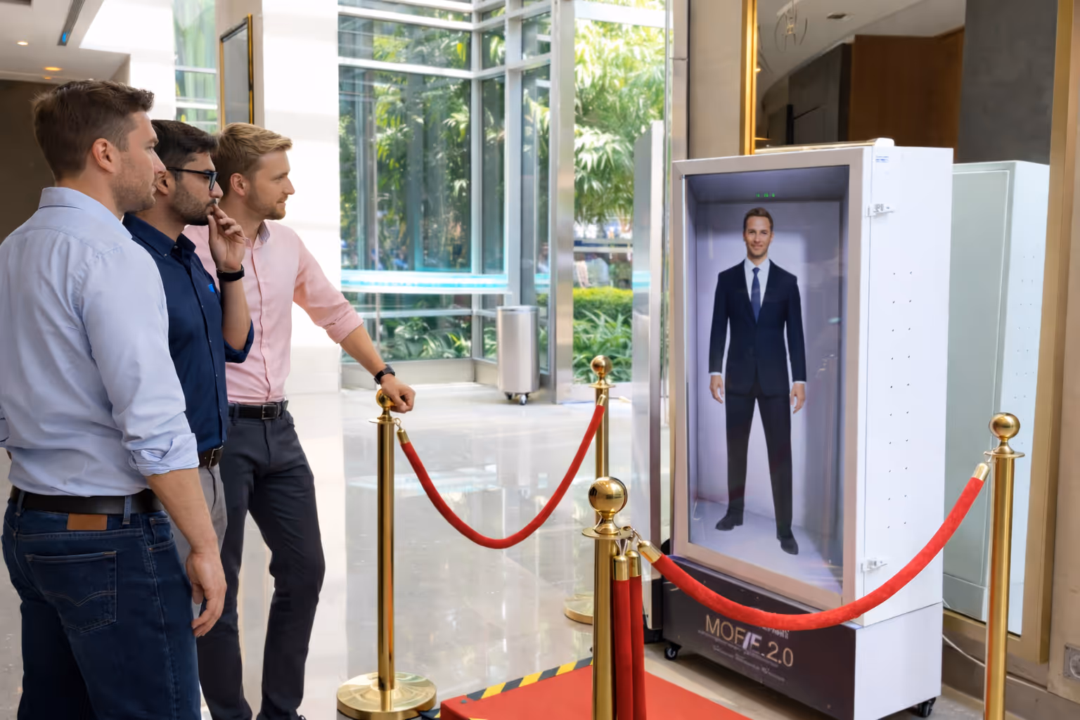 Three men in business casual attire watch a large holographic display of a man in a suit inside a modern building lobby.