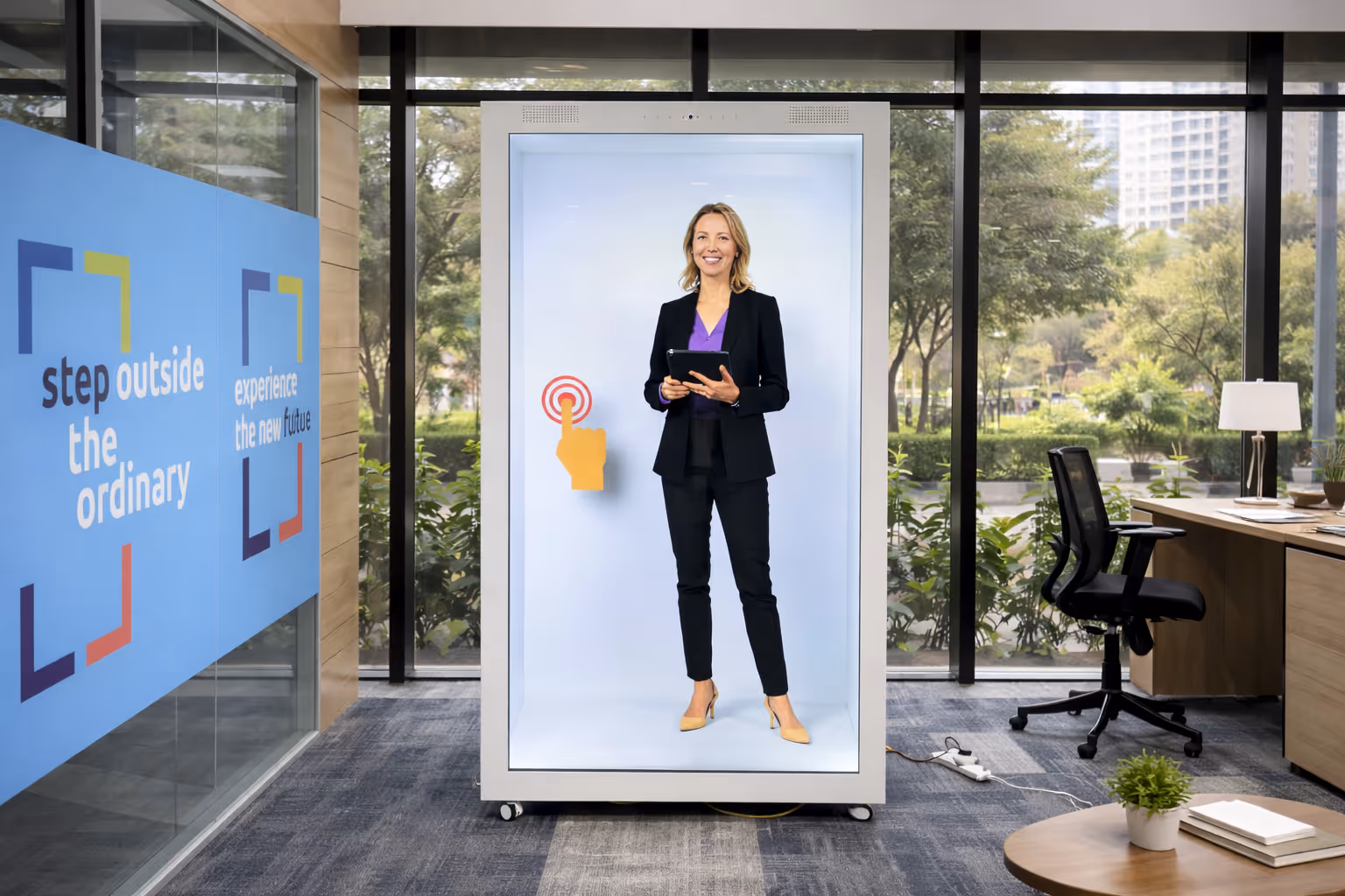 Smiling woman in business attire standing inside a transparent digital booth holding a tablet in a modern office space.