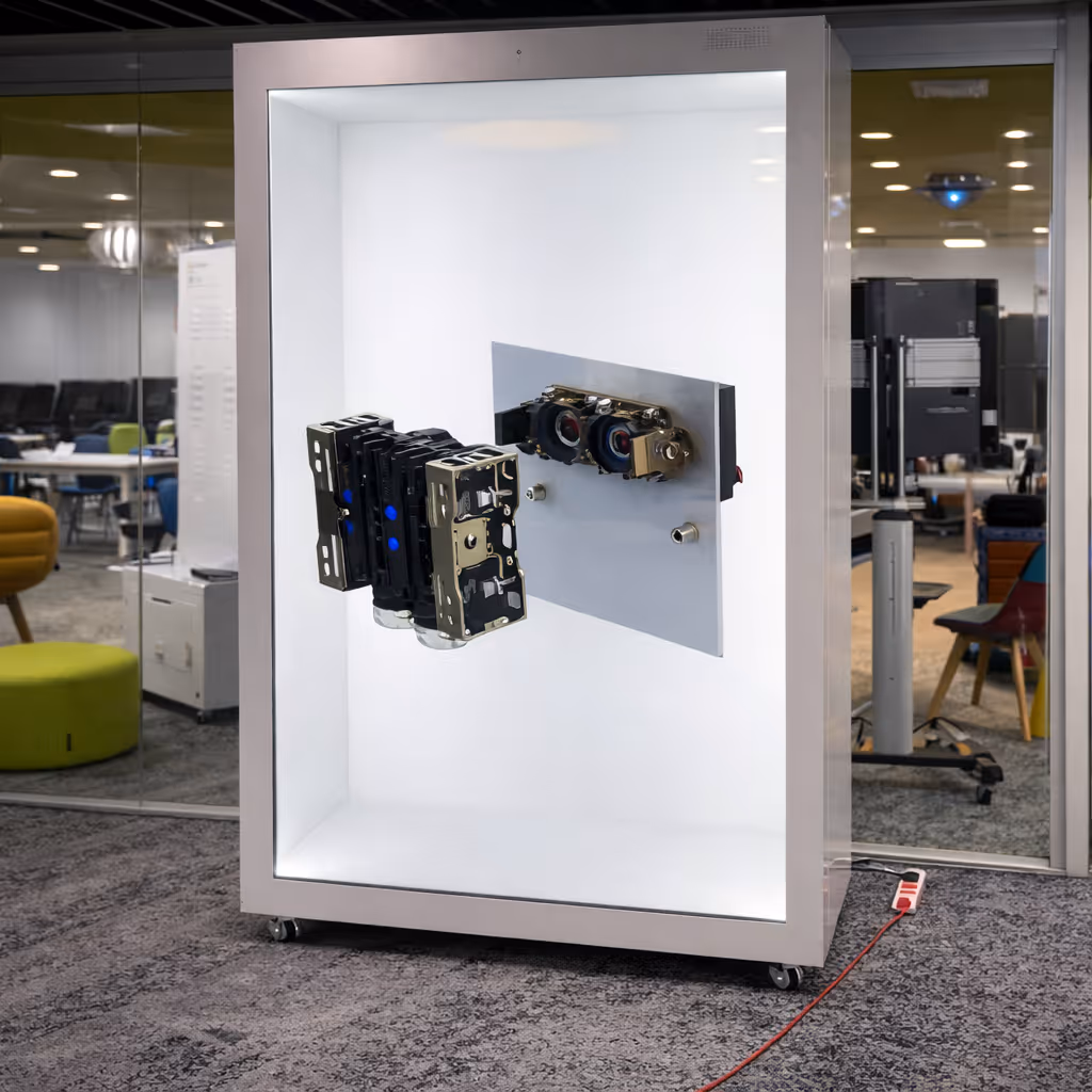 Mechanical assembly with multiple camera units mounted facing each other inside a large white display case on wheels in an office setting.