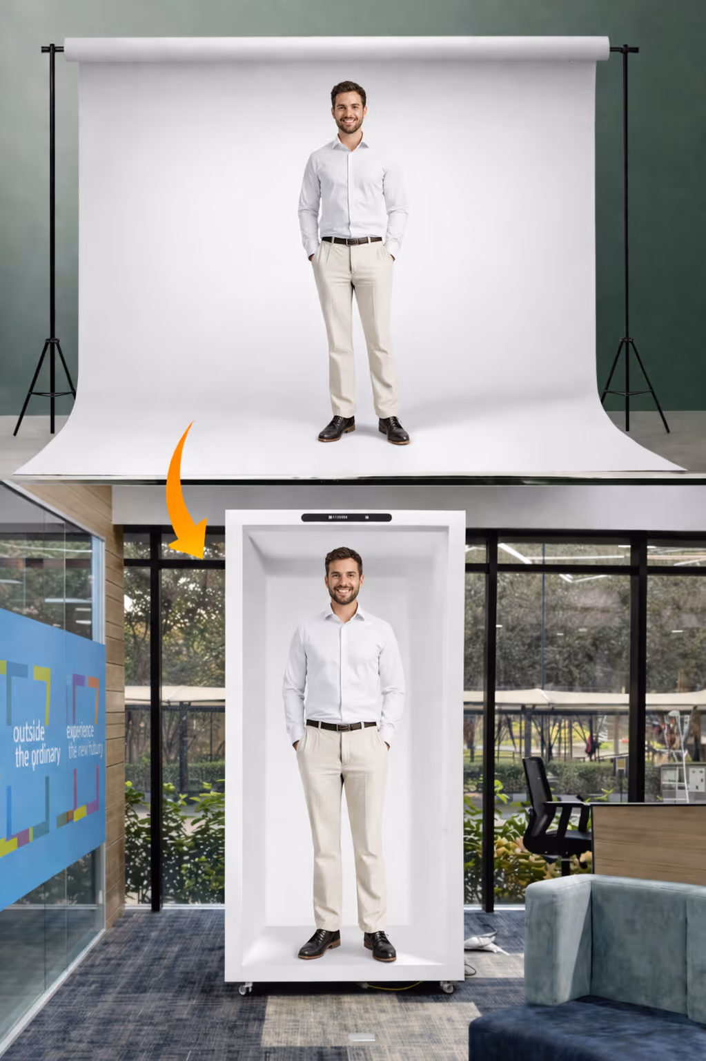 Man standing in a photo studio setup at the top and in a full-body 3D body scanner booth at the bottom inside an office environment.