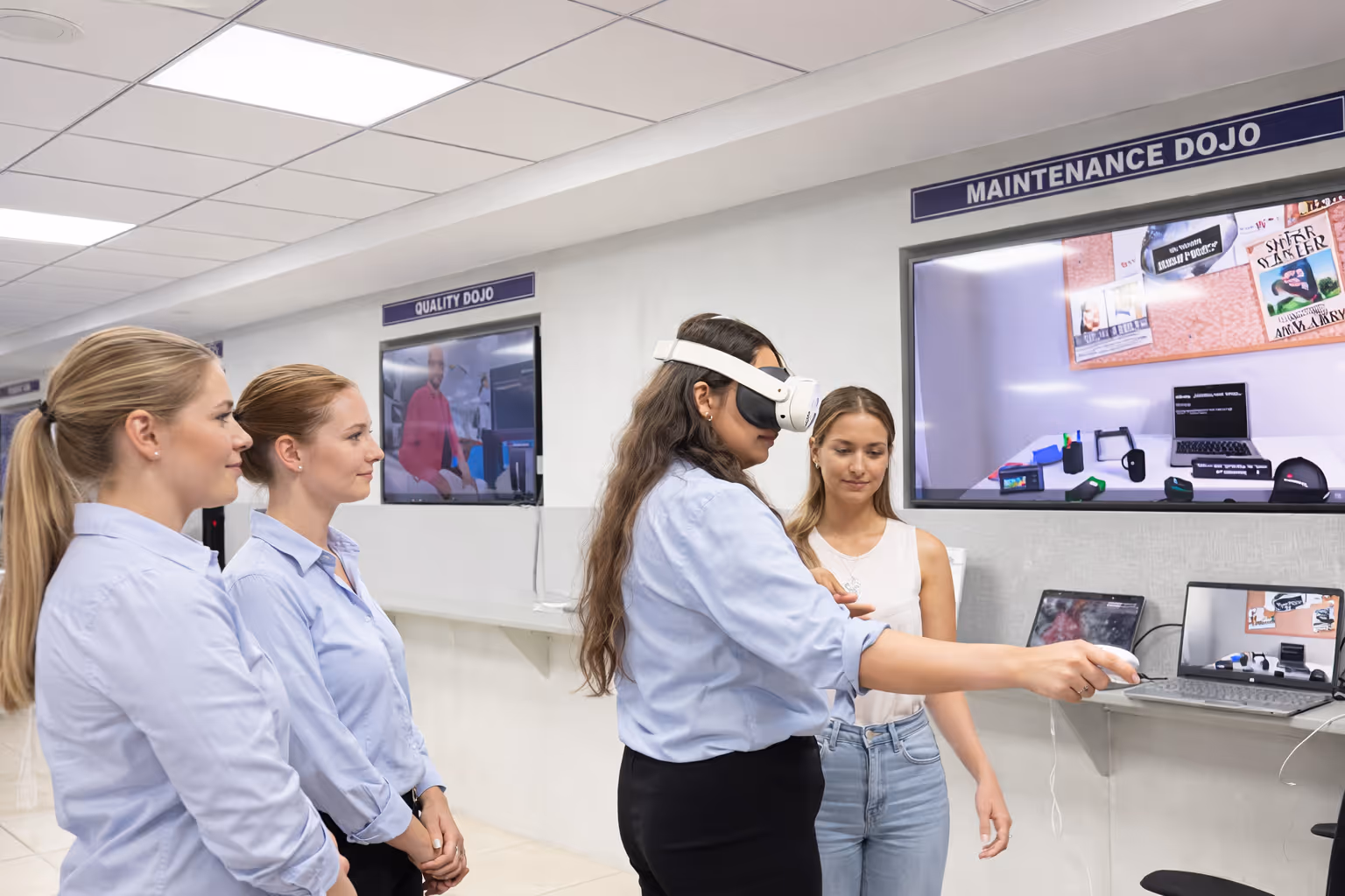 Four women in a training area using a VR headset and controller with screens labelled Quality Dojo and Maintenance Dojo in the background.