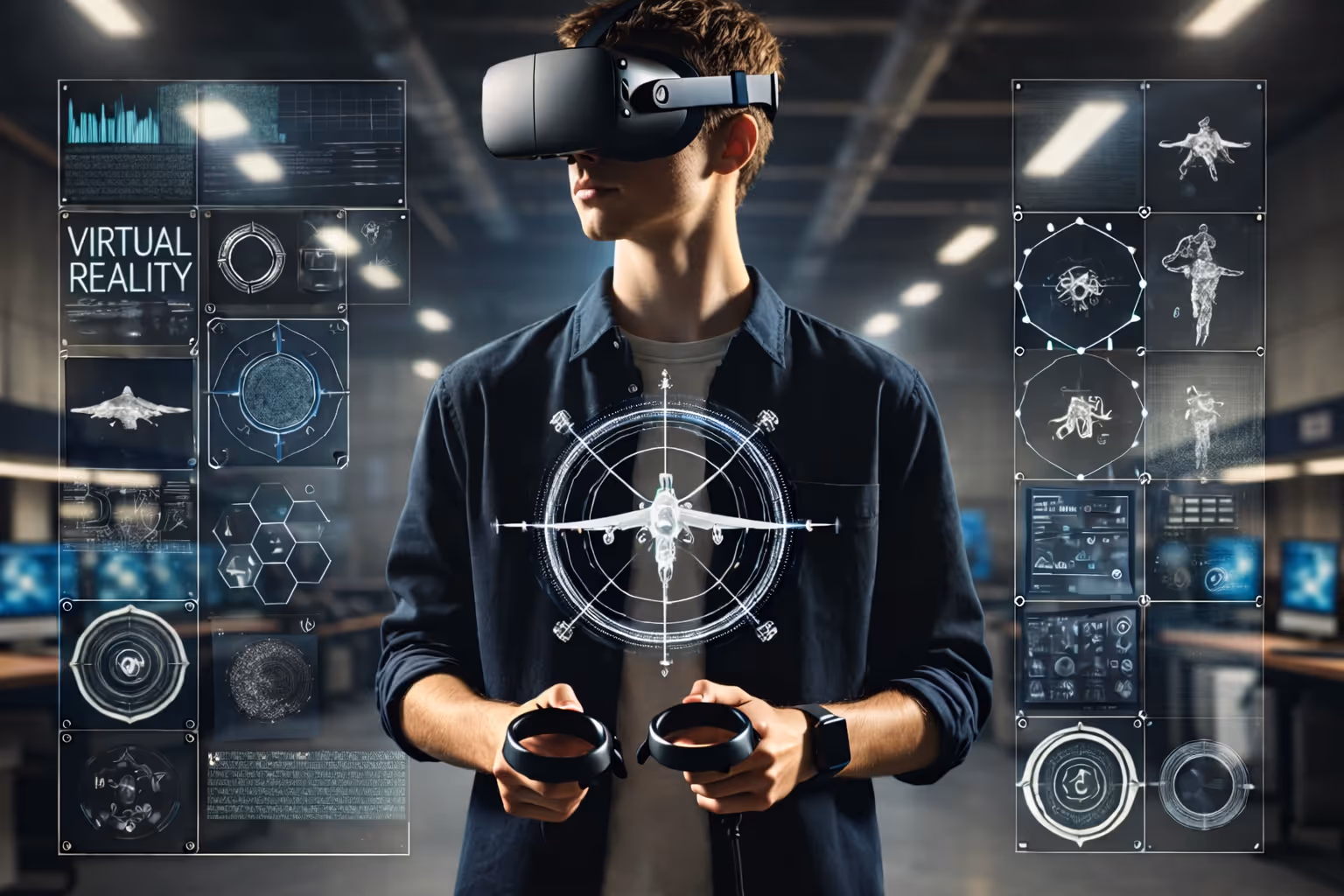 Young man wearing VR headset and holding controllers, interacting with virtual reality interface showing aircraft and technical diagrams.