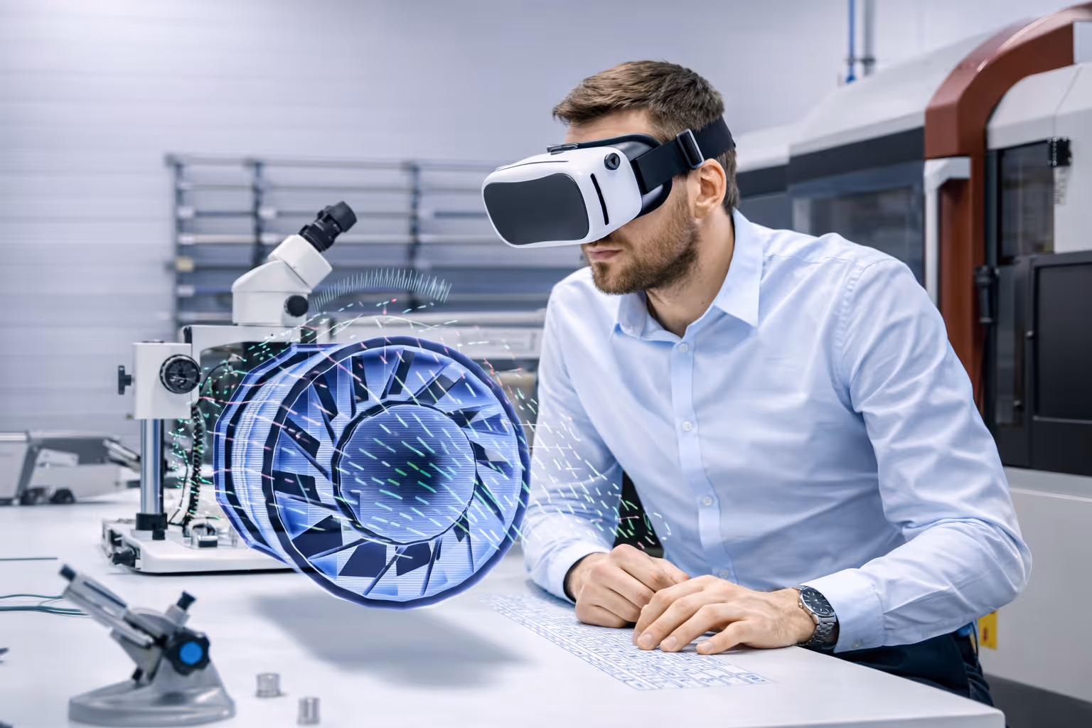 Man wearing virtual reality headset interacts with a 3D holographic model of a turbine engine in a laboratory.