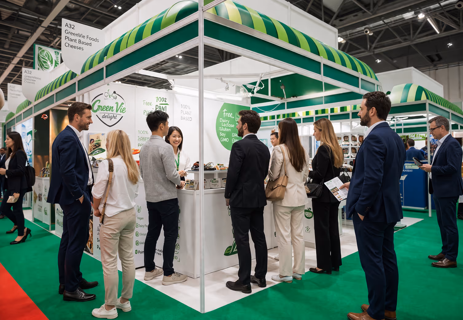 People gathered around GreenVie Foods exhibition booth at a trade show, promoting plant-based cheeses.
