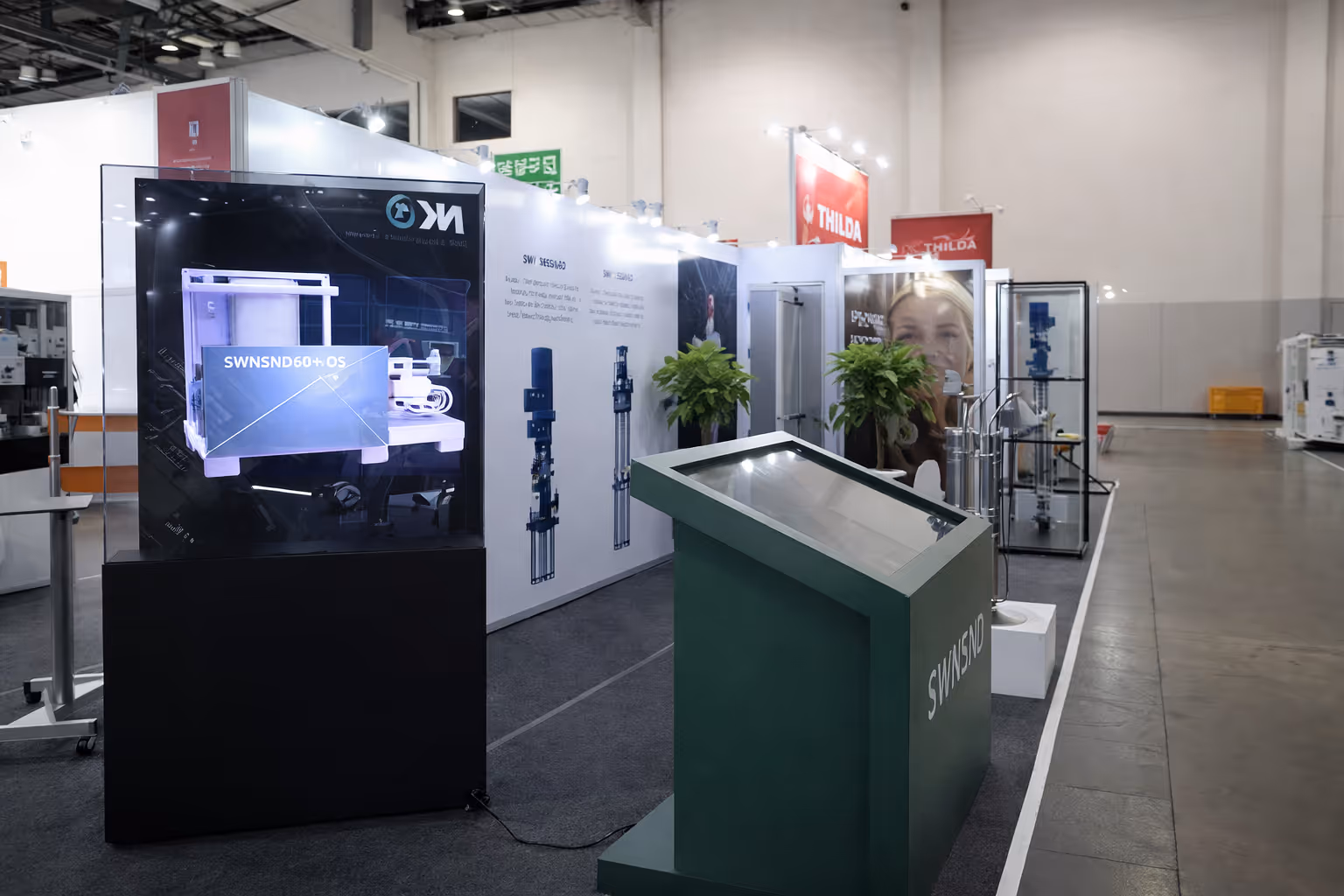 Trade show booth displaying industrial equipment with a digital screen showing a 3D machinery model labelled SWNSND60+OS and green plants as decoration.