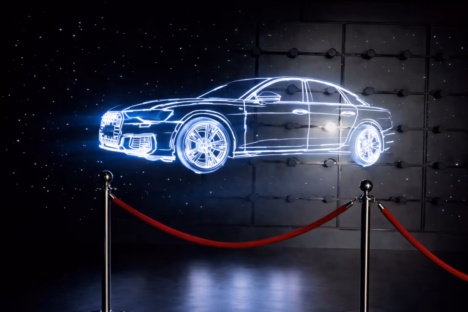 Holographic outline of a modern car displayed above a floor with red velvet ropes and black stanchions in front.