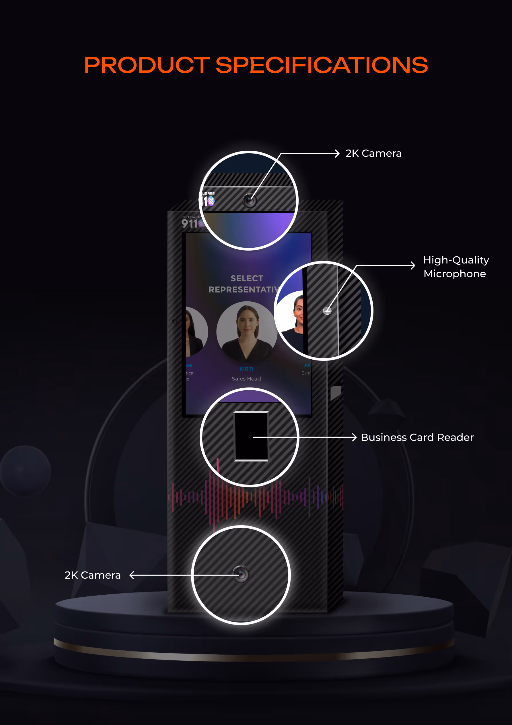 Device with highlighted features including two 2K cameras, high-quality microphone, and business card reader under the title Product Specifications.
