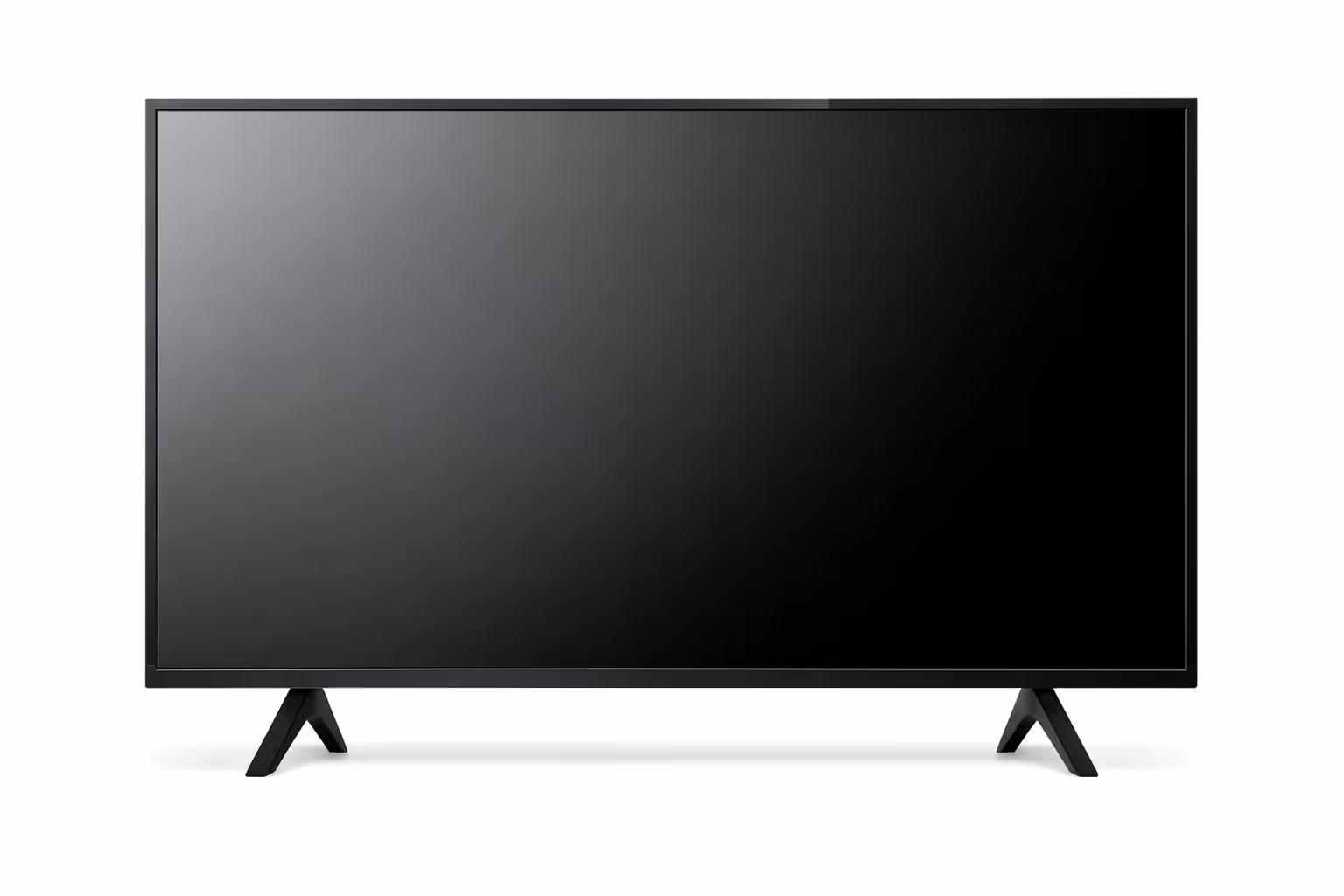 Modern flat-screen television with black screen and angled legs on a white background.