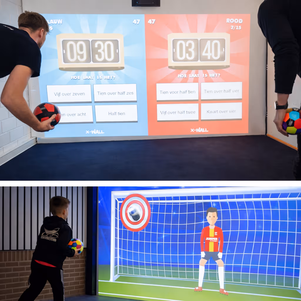 Two people playing interactive ball games with projected screens; one screen shows a time quiz in Dutch, the other shows a virtual goalkeeper in a goal.