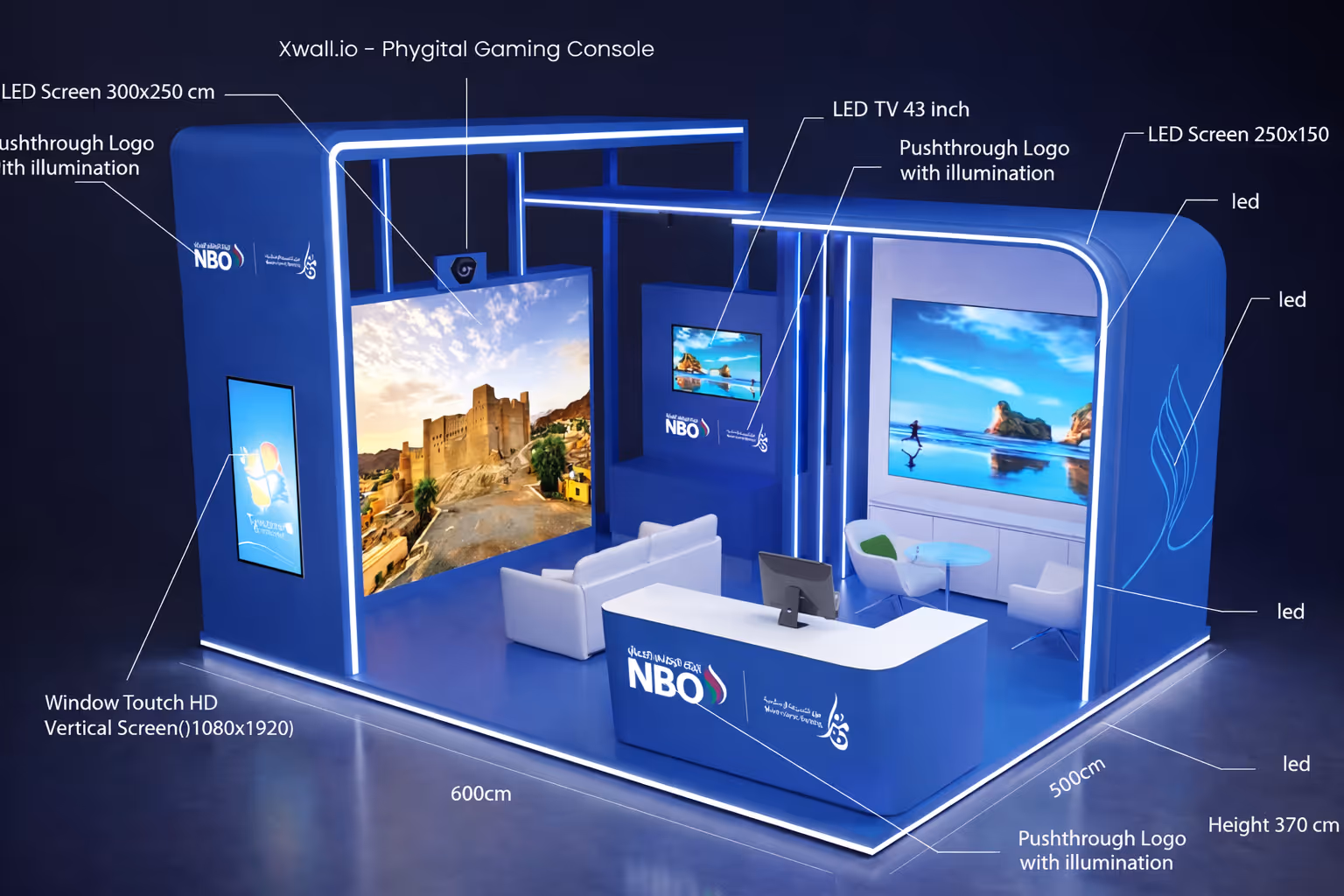 3D model of a blue and white exhibition booth with LED screens, illuminated NBO logos, seating area, and a reception desk with computer.