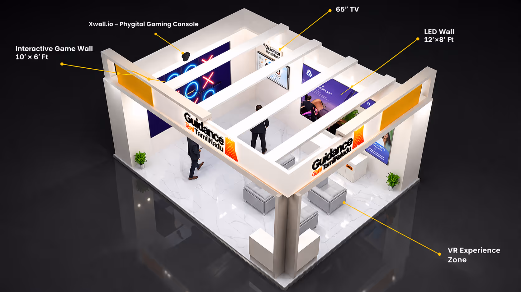3D model of Guidance Tamil Nadu exhibition booth showing interactive game wall, phygital gaming console, 65 inch TV, LED wall, and VR experience zone.