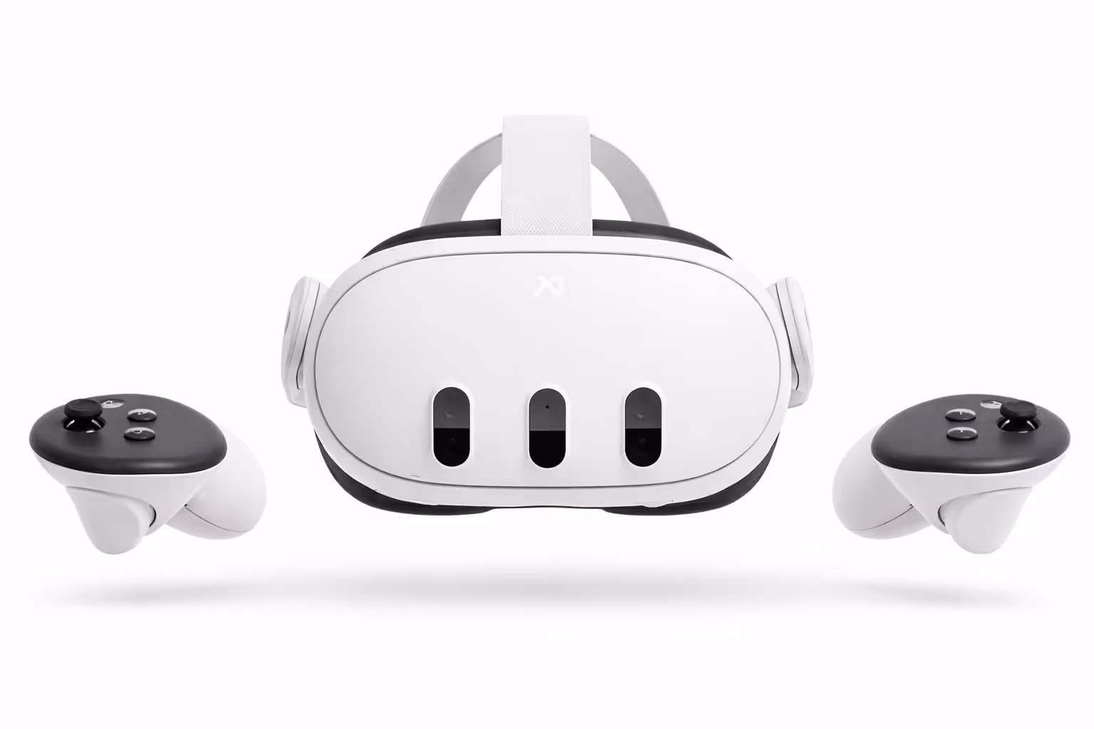White virtual reality headset with three front-facing cameras and two black and white controllers on each side.