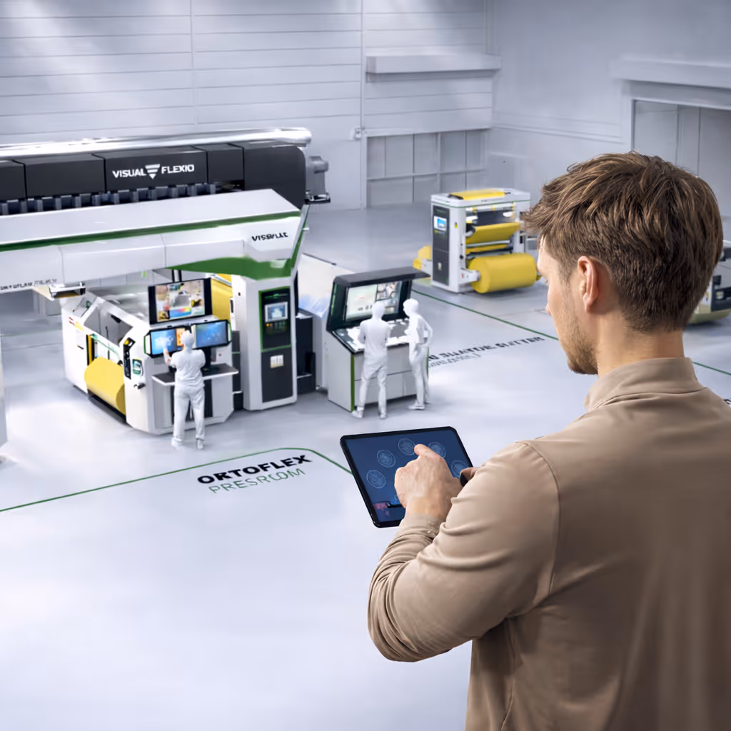 Person using a tablet to control industrial printing machines in a clean, modern factory setting.