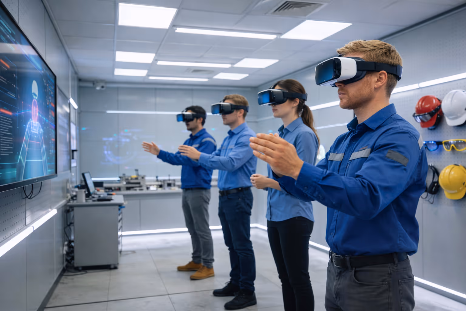 Four engineers wearing virtual reality headsets and blue shirts interacting with a large digital display in a modern lab.