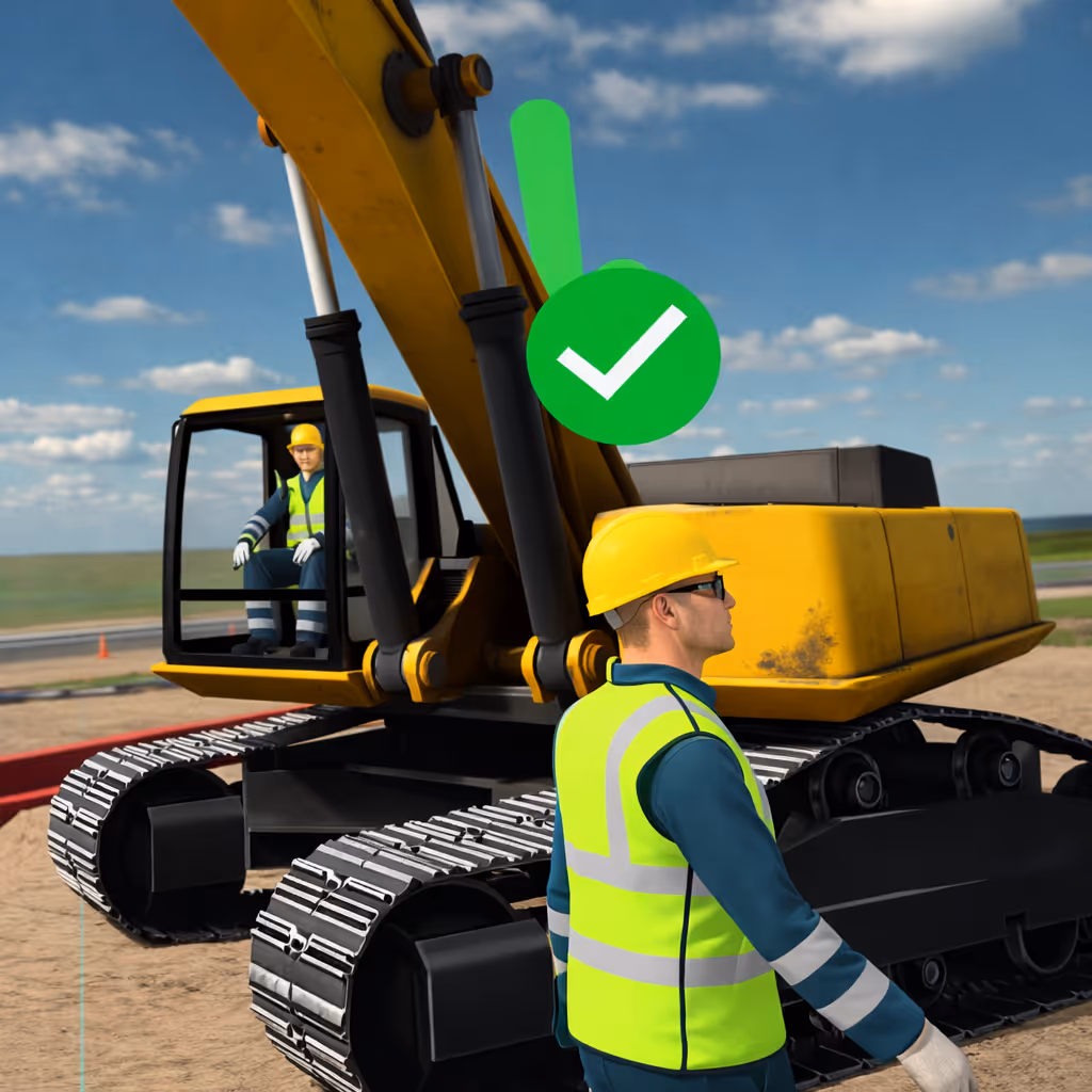 Construction workers wearing safety vests and helmets near a yellow excavator with a green check mark above it under a partly cloudy sky.