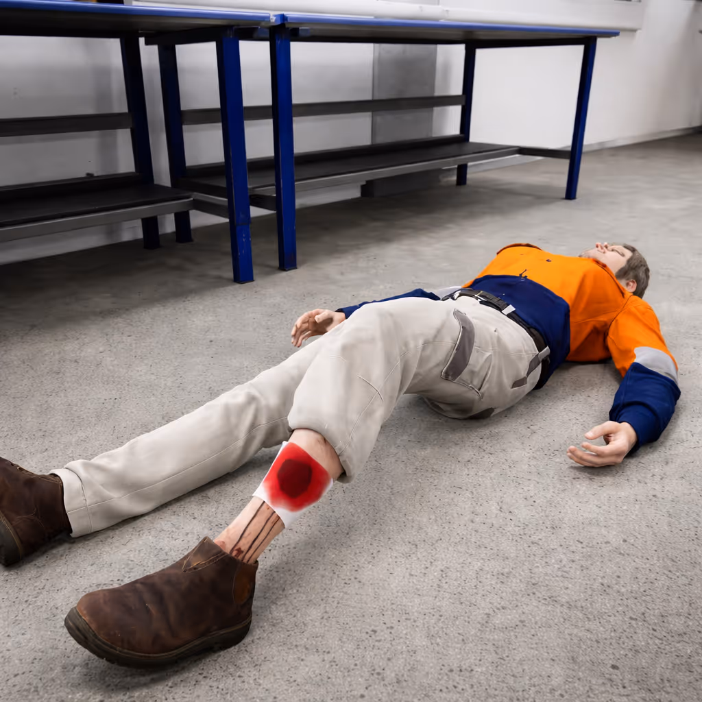 Man lying on floor with bleeding wound on lower leg indoors beside blue metal benches.