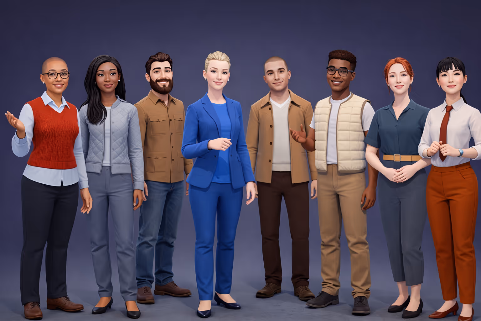 Diverse group of eight people standing in a line against a dark blue background, dressed in casual and business casual attire, smiling and looking forward.