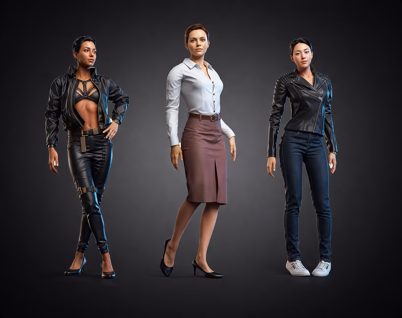 Three confident women dressed in distinct stylish outfits standing against a dark background.