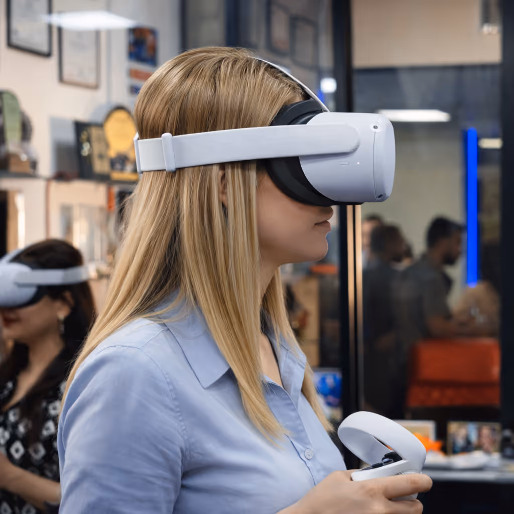 Woman wearing a white virtual reality headset and holding a VR controller in an indoor setting.