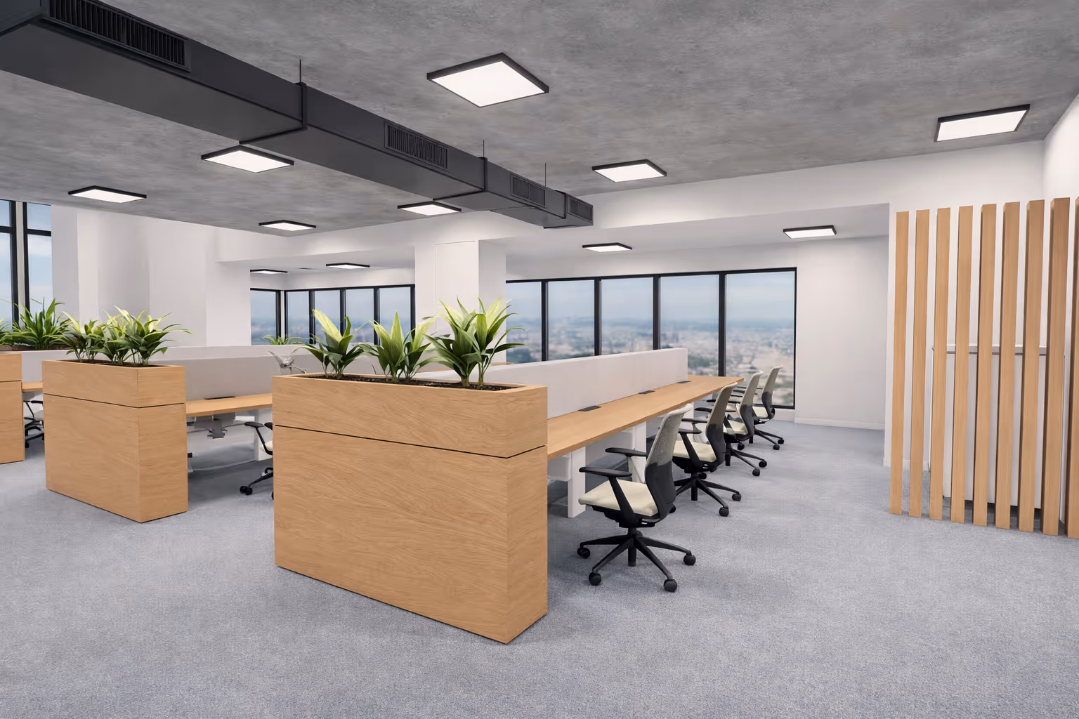 Modern open-plan office with rows of wooden desks, ergonomic chairs, indoor plants in wooden planters, and large windows overlooking a cityscape.
