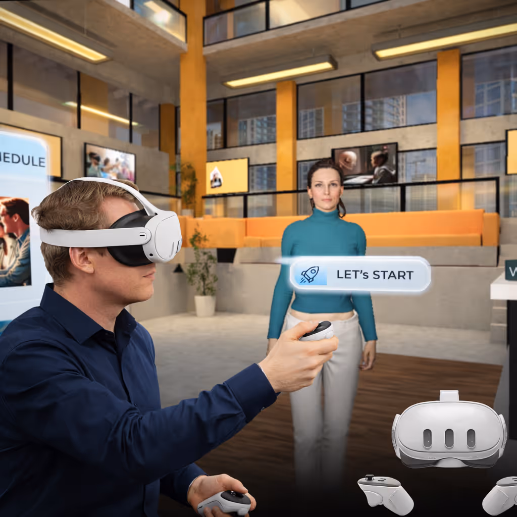 Man wearing white VR headset and holding controllers interacting with virtual woman and 'LET's START' button in modern office.