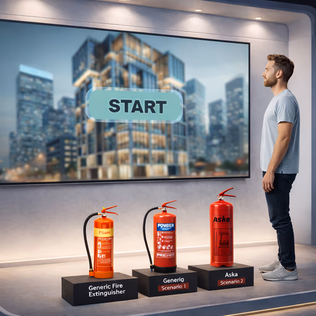 Man standing in front of three fire extinguishers labelled Generic Fire Extinguisher, Generiq Scenario 1, and Aska Scenario 2 next to a large screen with a 'START' button.