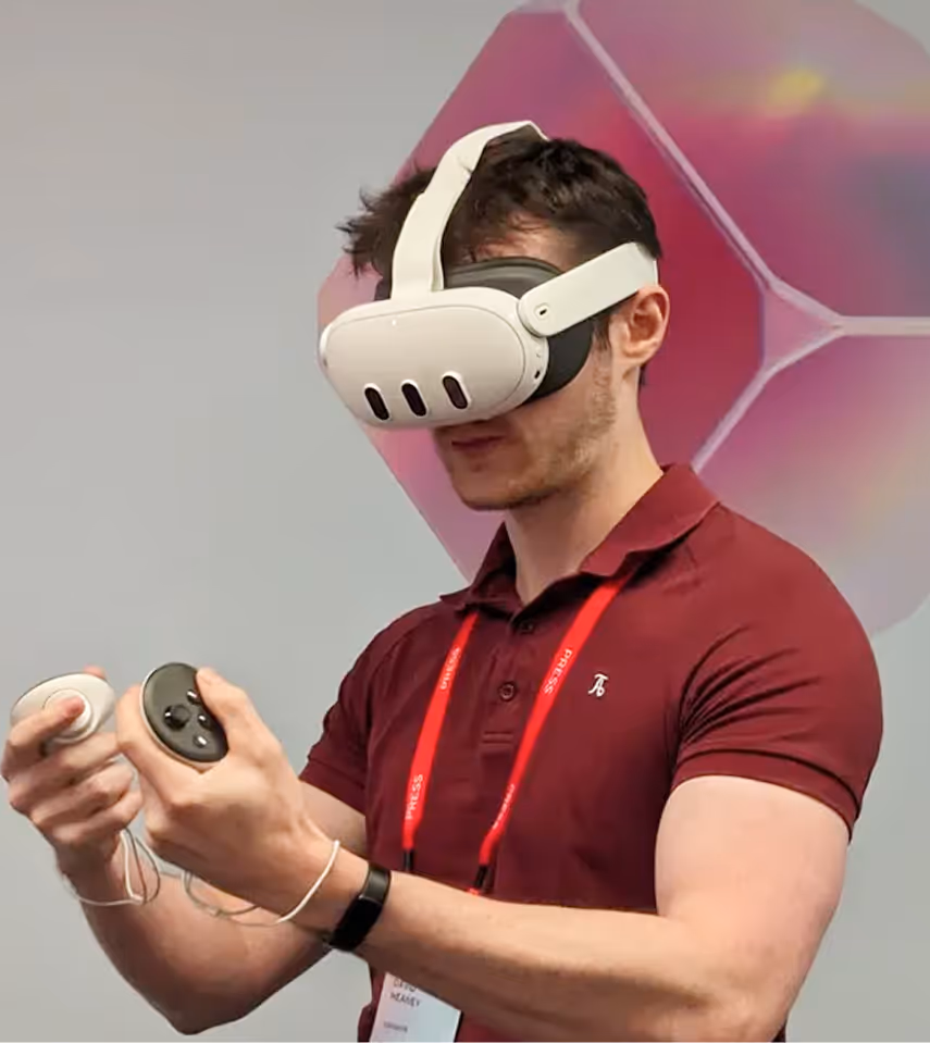 Client wearing VR headset experiencing immersive HVAC product demonstration