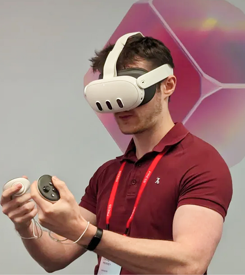 Client wearing VR headset experiencing immersive HVAC product demonstration