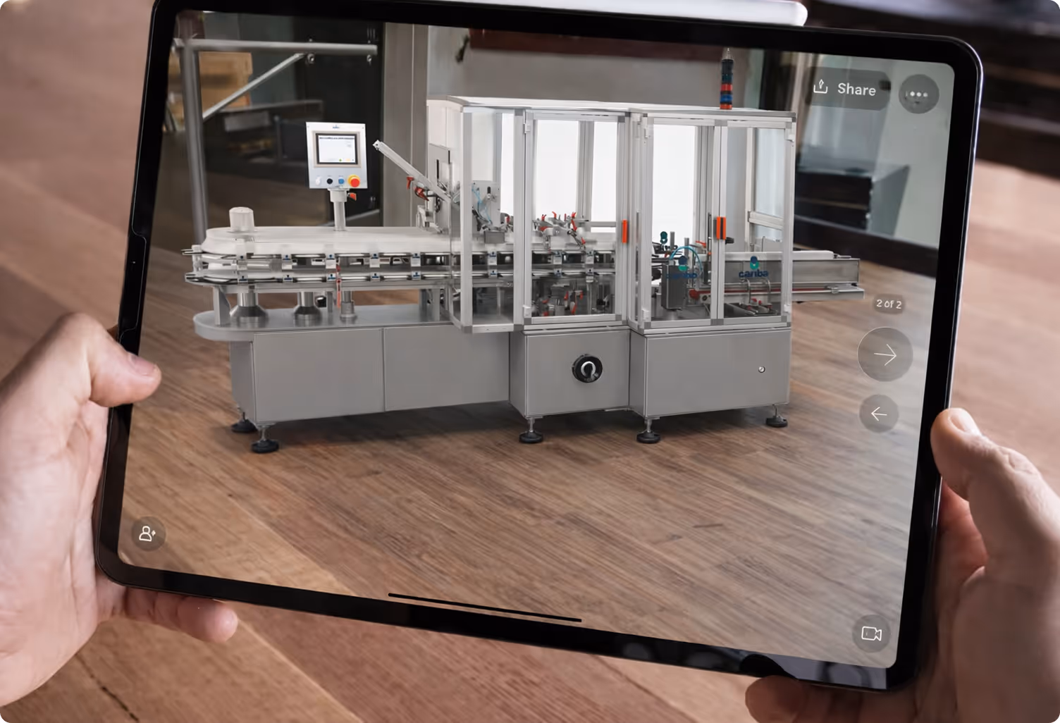 Sales professional using AR tablet to place full-size HVAC unit in client facility