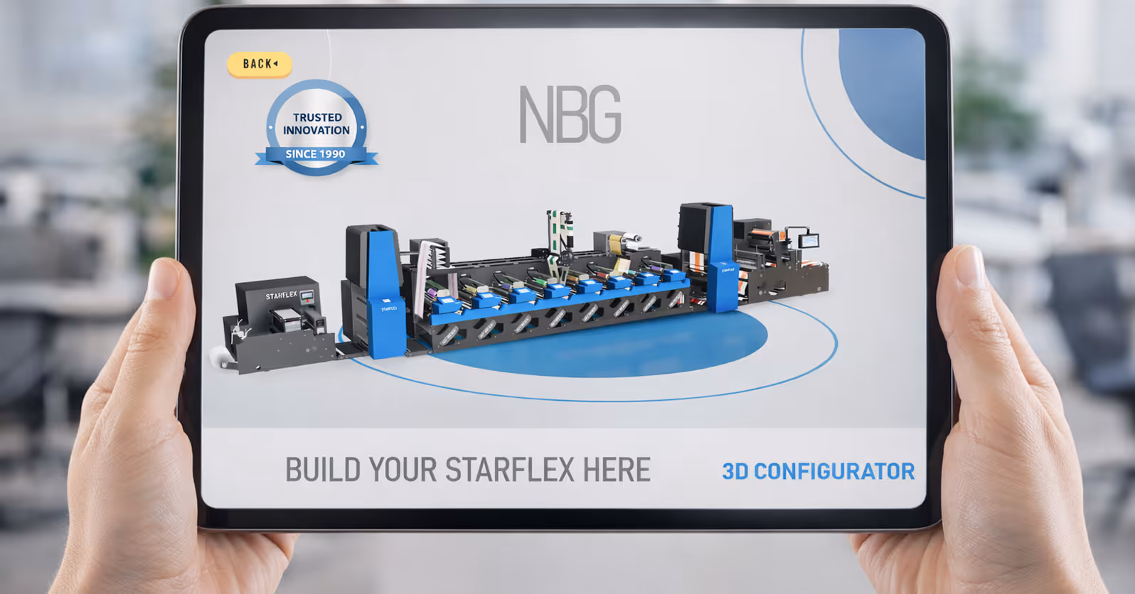 Sales professional using AR tablet to place full-size HVAC unit in client facility