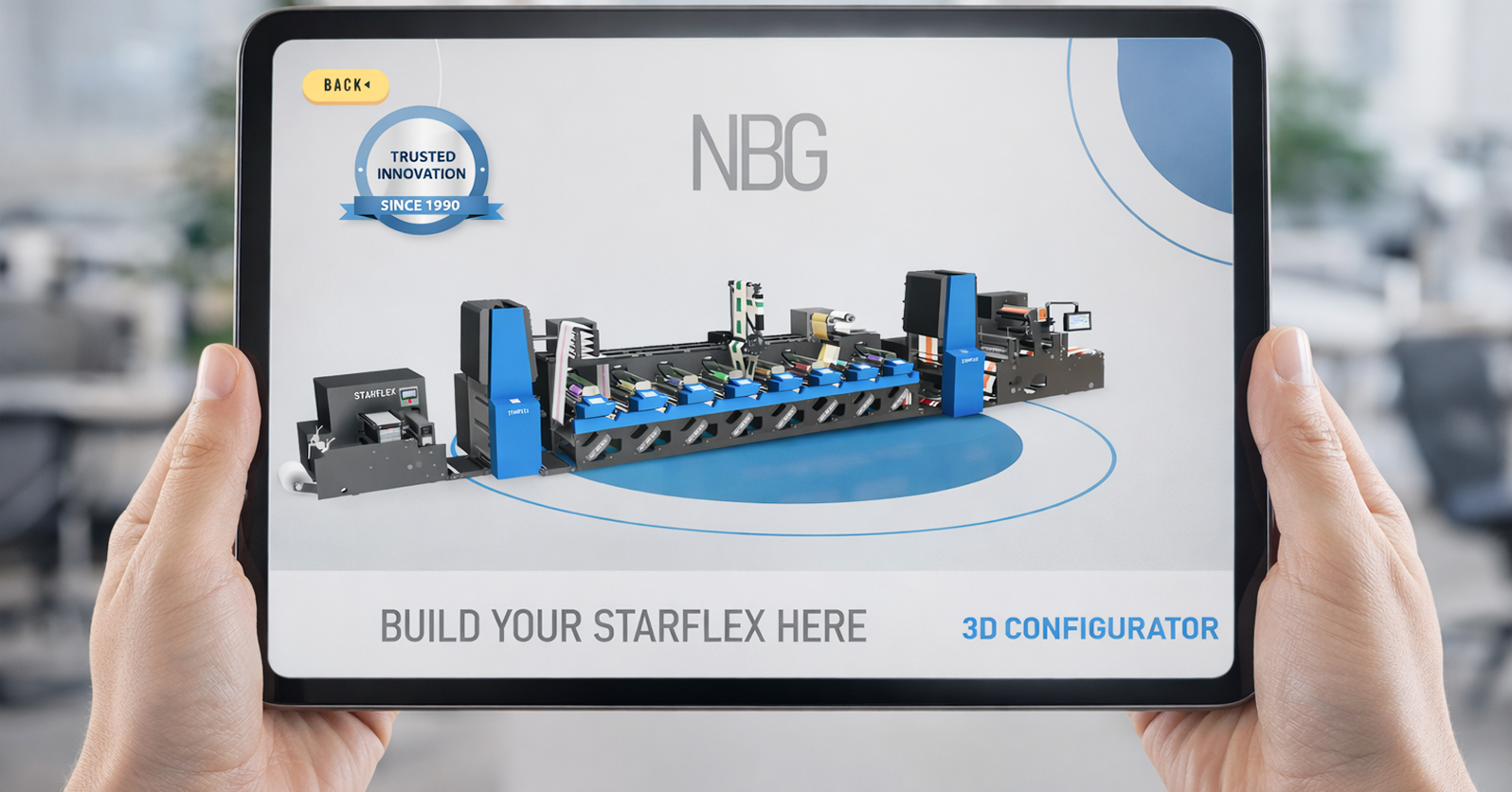 Sales professional using AR tablet to place full-size HVAC unit in client facility