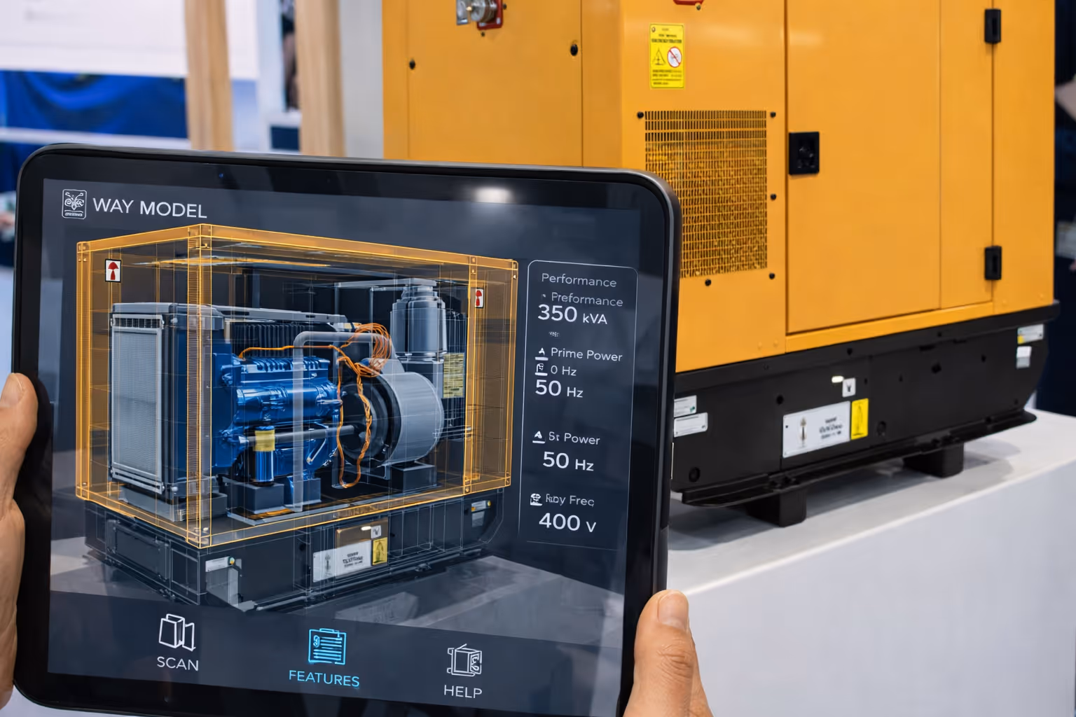 Tablet displaying a 3D model and specifications of a 350 kVA industrial generator with a real yellow generator in the background.
