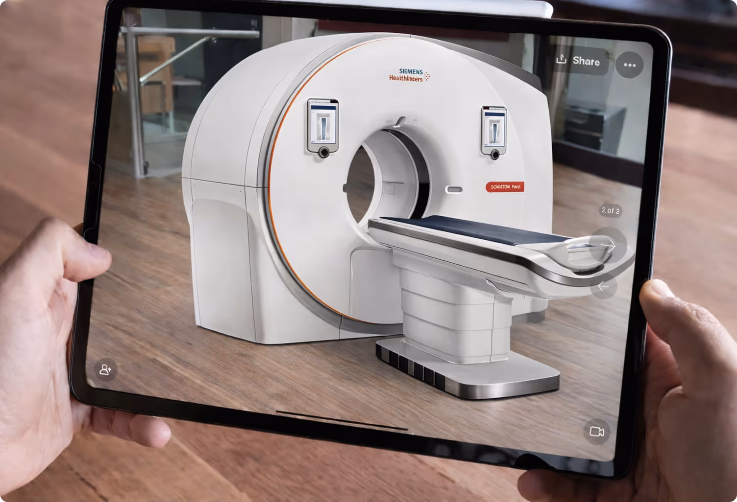 Sales professional using AR tablet to place full-size HVAC unit in client facility