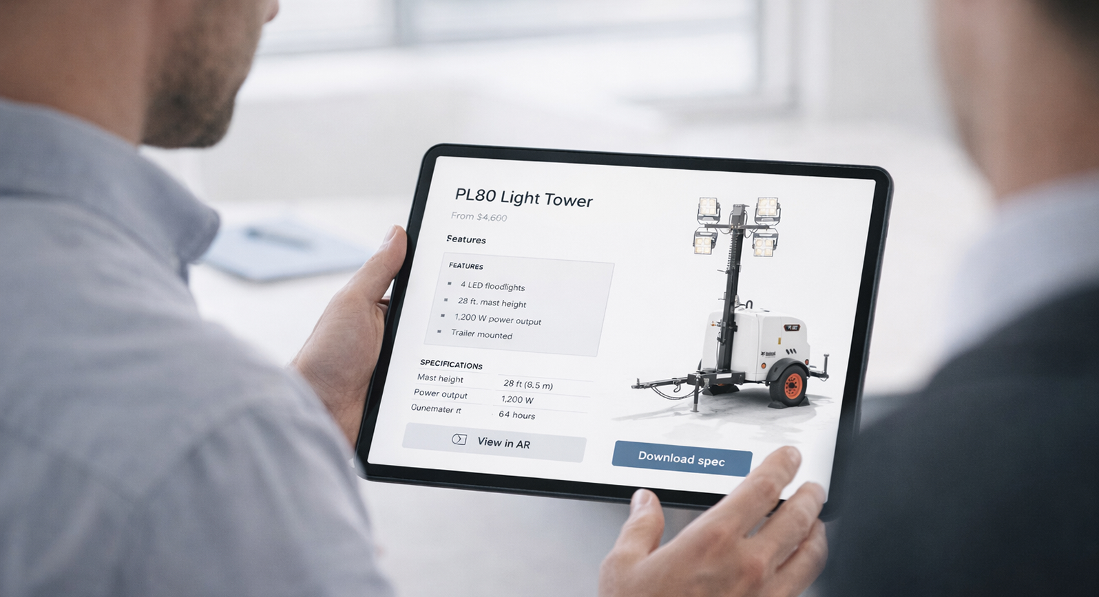 Sales professional using AR tablet to place full-size HVAC unit in client facility