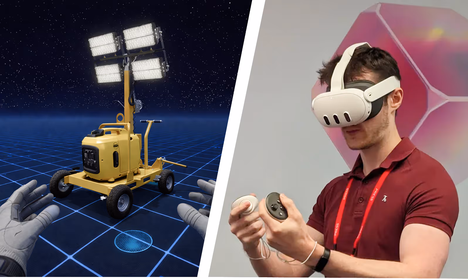 Split image showing a virtual reality simulation of a yellow floodlight tower with gloved hands on the left, and a man wearing a VR headset and holding controllers on the right.