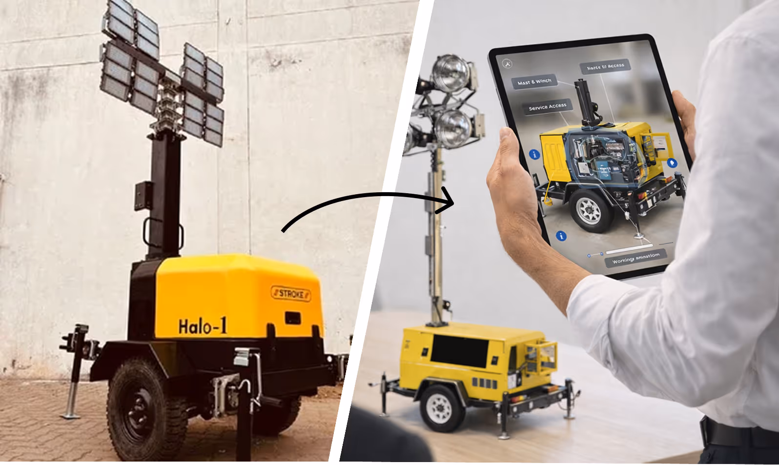 Sales professional presenting HVAC product range on interactive 3D demo app touchscreen