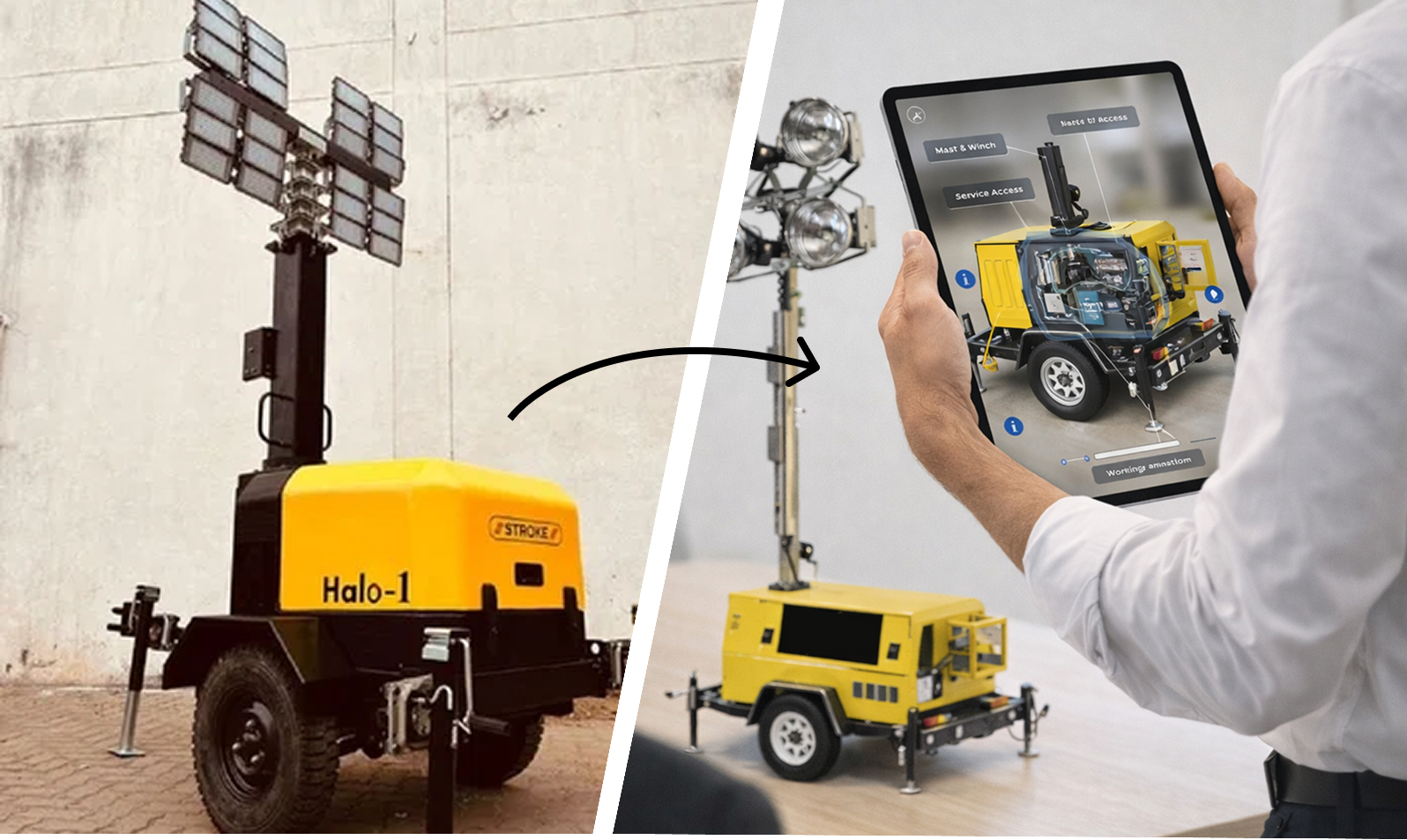 Sales professional presenting HVAC product range on interactive 3D demo app touchscreen