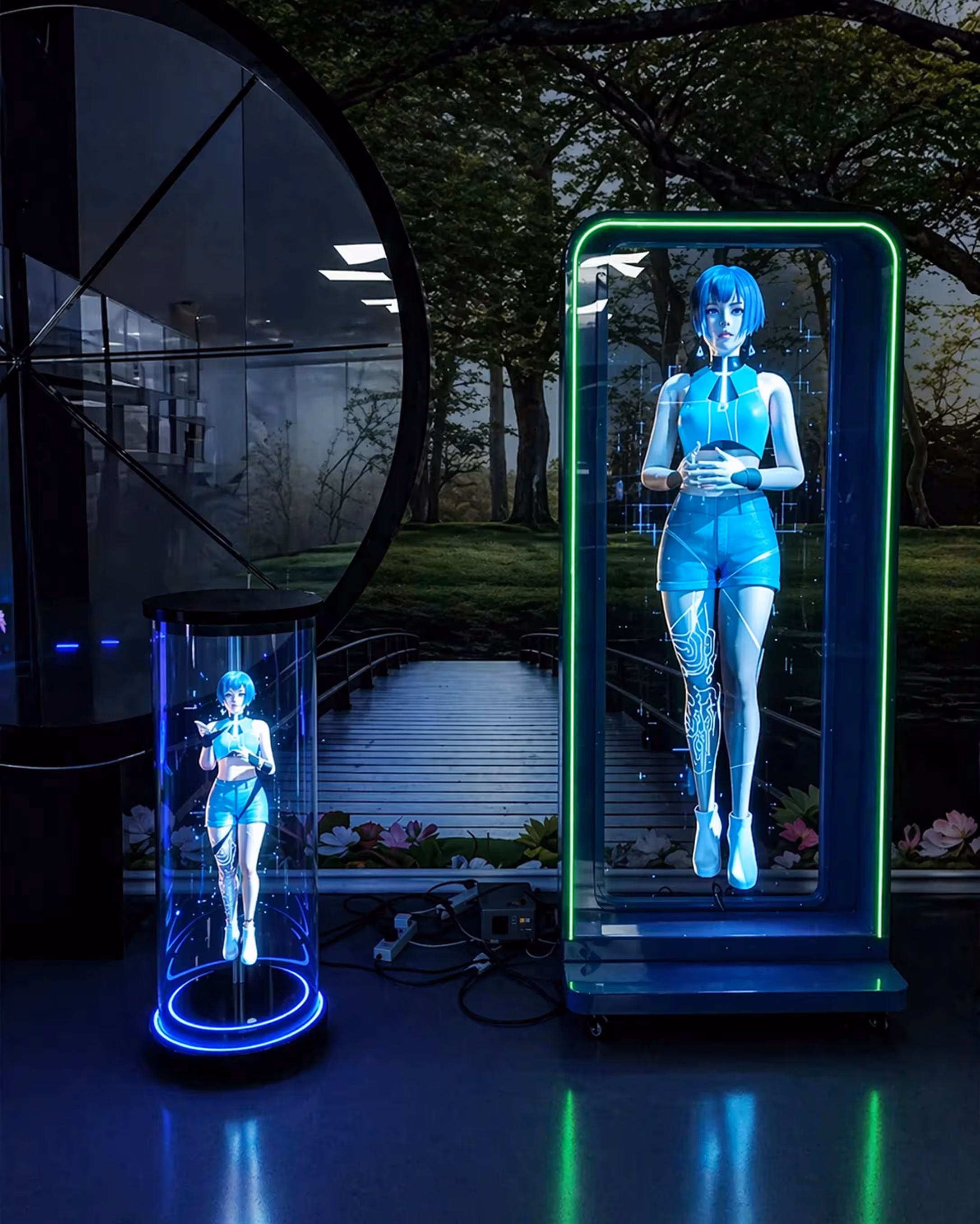 Two futuristic holographic female figures with blue hair and blue outfits, one in a cylindrical blue-lit display and the other in a large vertical rectangular green-lit display, set indoors with a view of a garden and a wooden bridge outside.