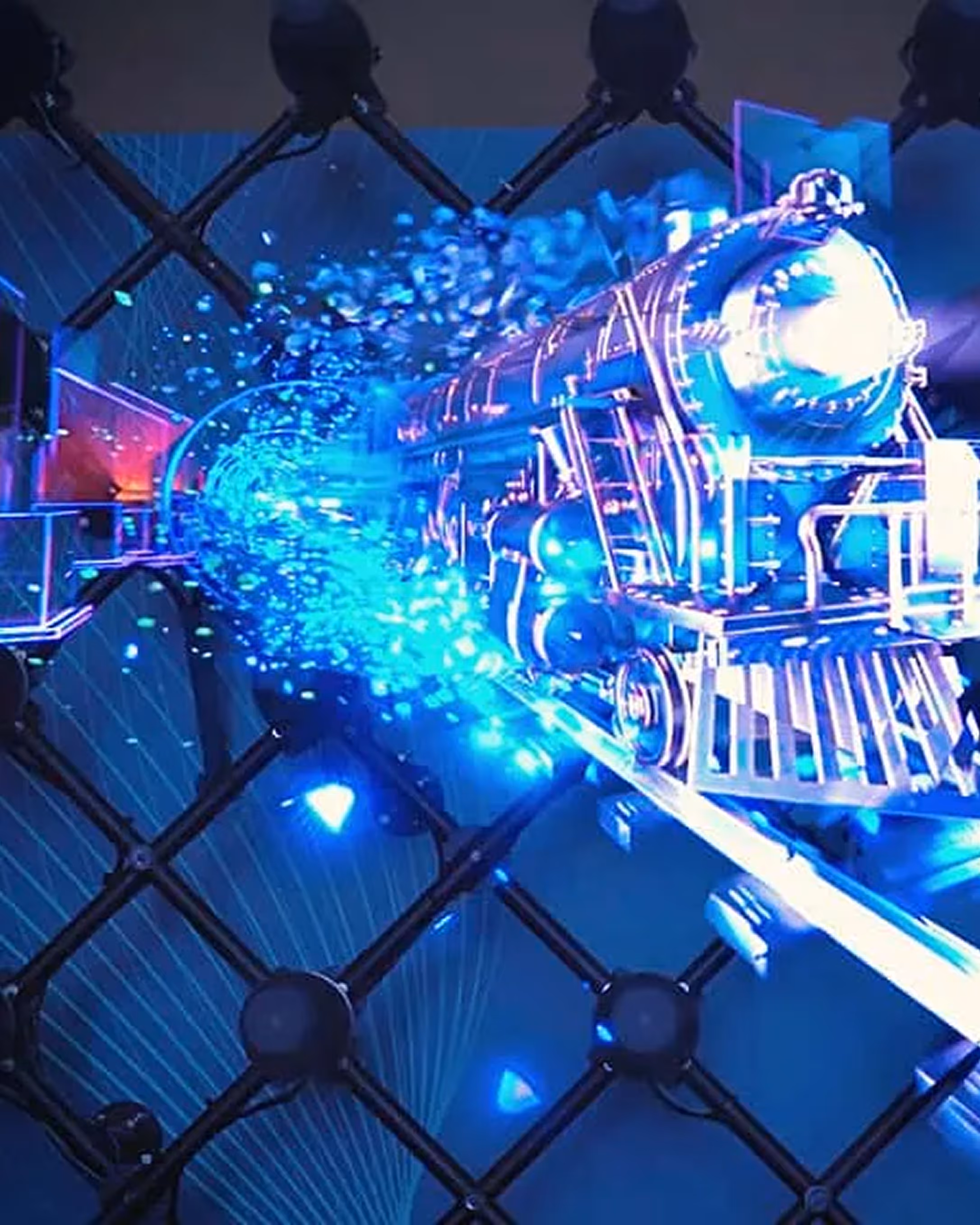 Futuristic blue neon train emerging from a tunnel within a molecular structure grid.