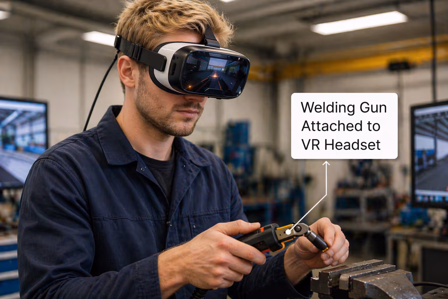 Man wearing a VR headset with a welding gun attached, holding the welding gun in an industrial workshop.