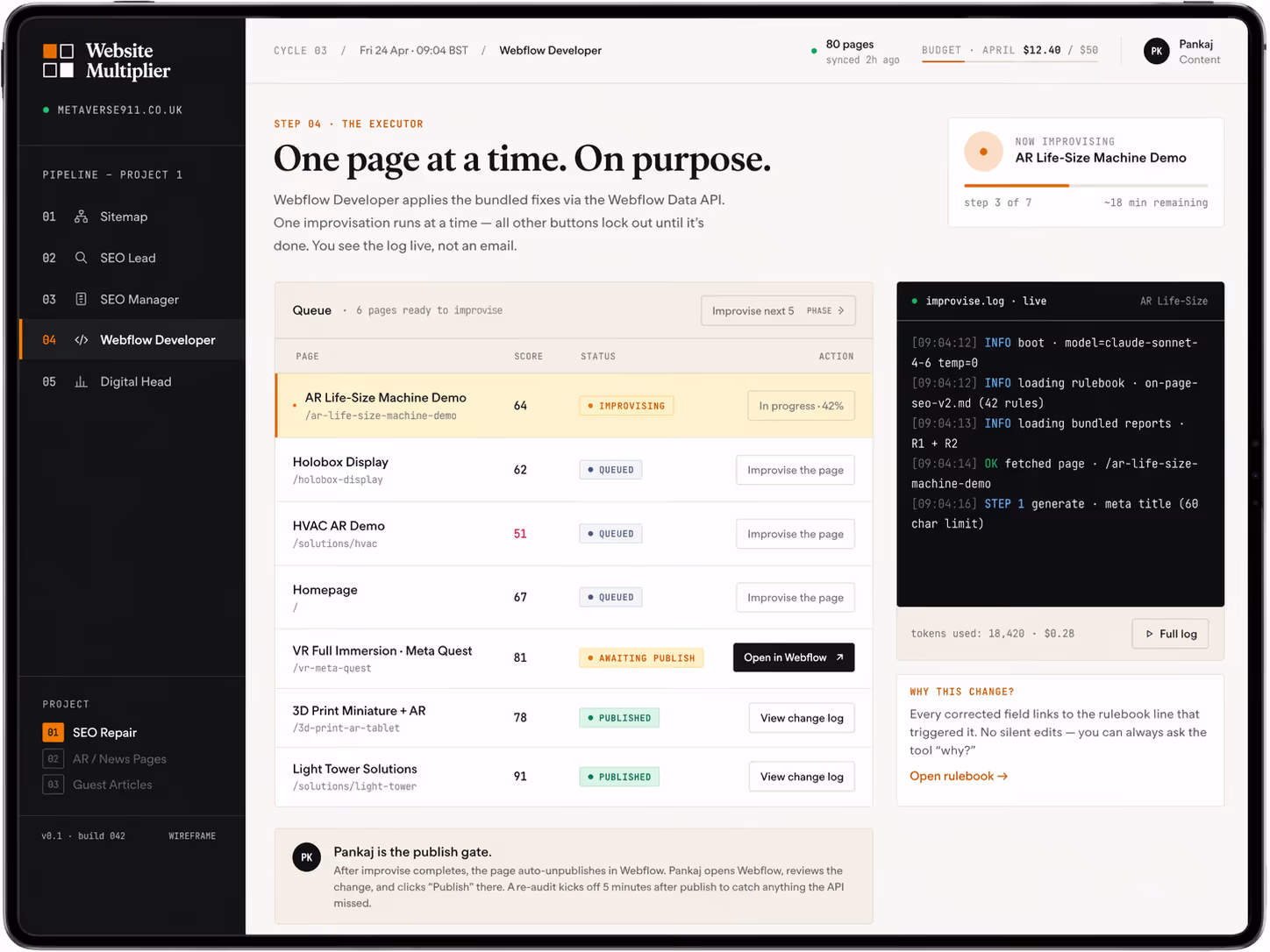 Webflow Developer interface showing a project pipeline with pages queued for SEO improvisation, including AR Life-Size Machine Demo in progress and a live improvise log.